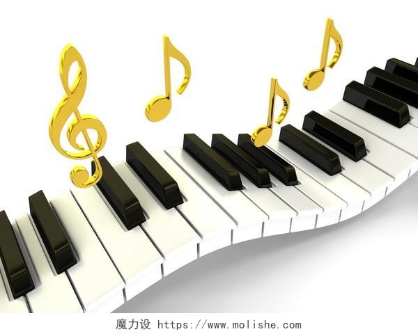 白底背景创意合成灵动活泼音乐弯曲的钢琴黑白键上跳动的金色音符